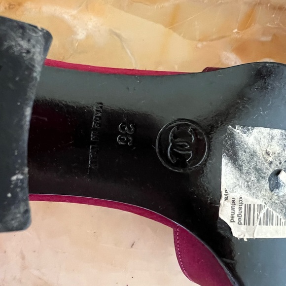 CHANEL Red Wine Square Toe Satin Pumps Size 6 - Picture 7 of 9